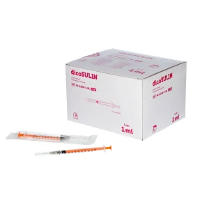 dicoSULIN_Insulino švirkštas su adata, sterilus, 1 ml (100 I.U/ml), 0,40 mm x 13 mm, oranžinis stūmoklis, be ftalatų_A100